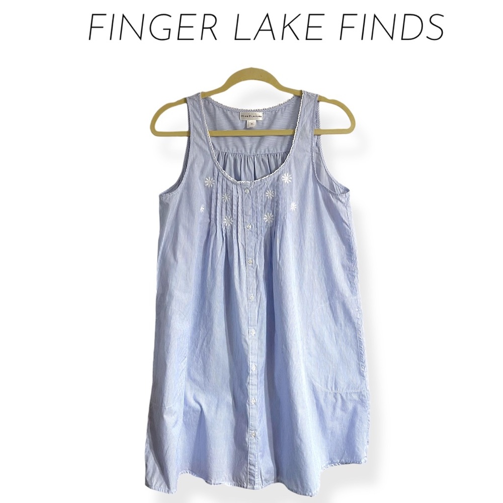 Miss Elaine Light Blue Ticking Stripe Prairie Nightgown, M
